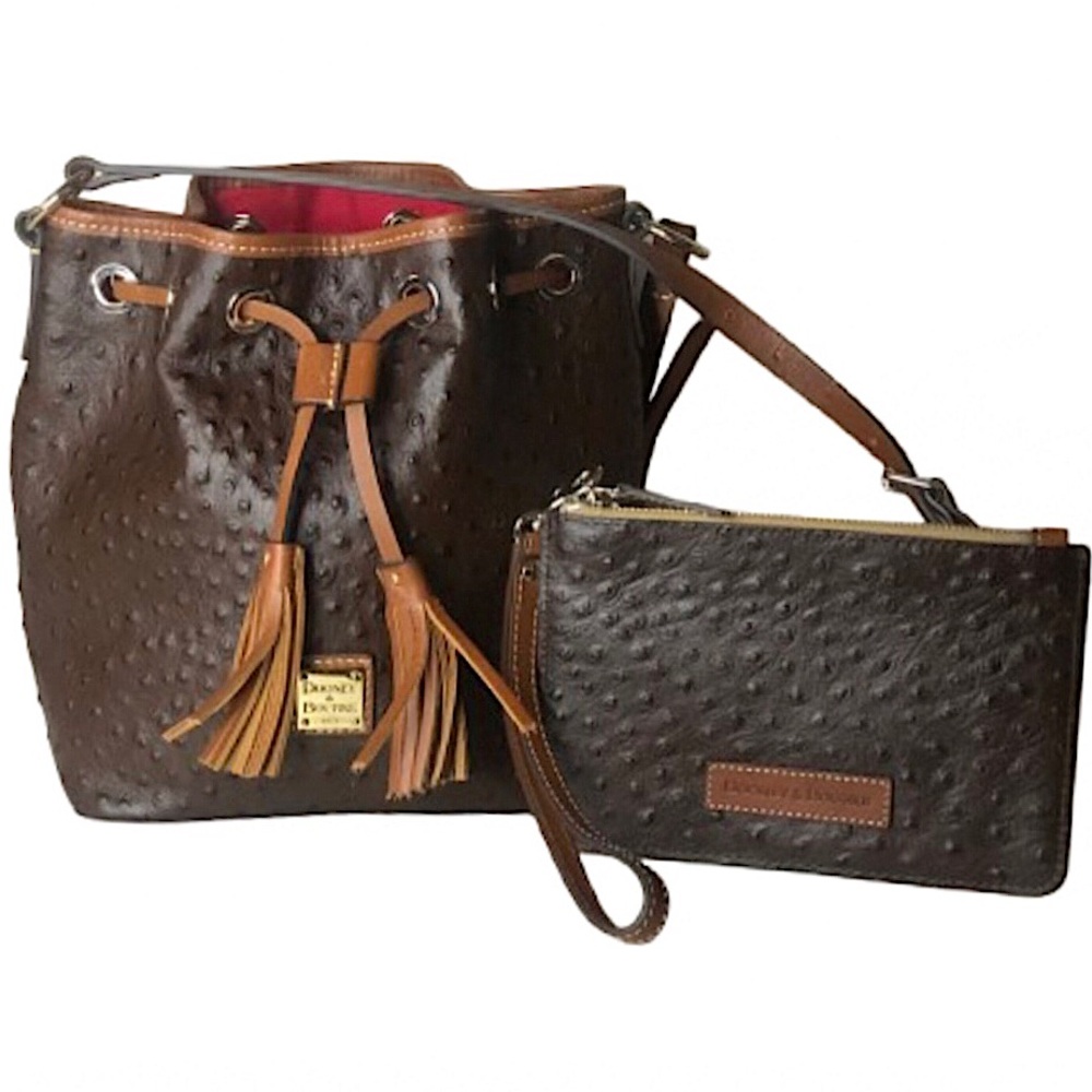 DOONEY BOURKE Mahogany Ostrich Print Leather Bucket Bag Drawstring Fringe NWOT